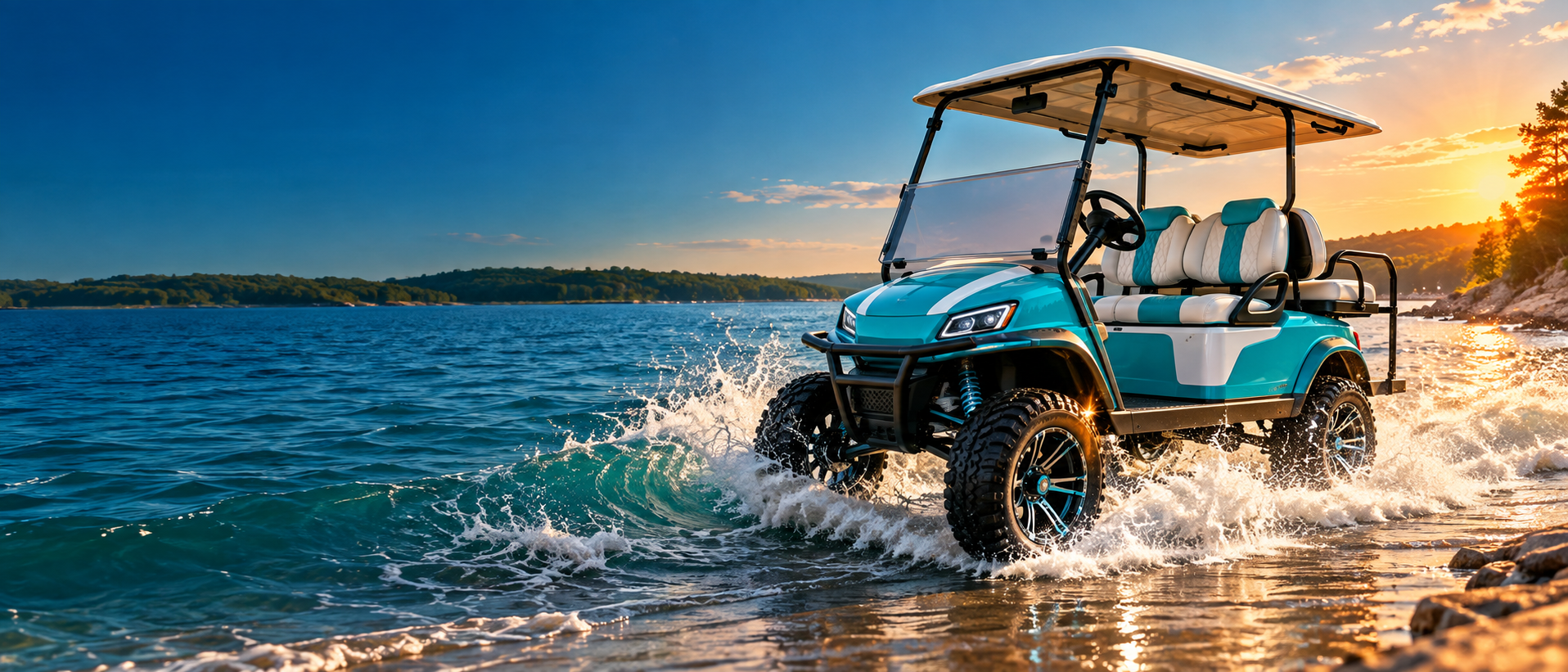 Customized teal golf cart beside a sunny Oklahoma lake